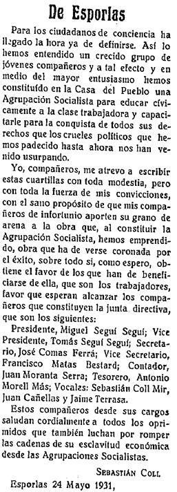 Artículo publicado el 5 de junio de 1931 sobre la fundación de la Agrupación Socialista de Esporles