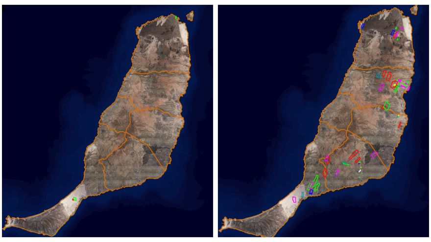 A la izquierda, los colores muestran la ubicación de las instalaciones renovables en Fuerteventura en la actualidad; a la derecha, terreno ocupado por iniciativas eólicas y fotovoltaicas en trámite.