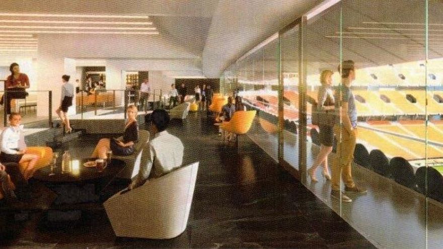 Imagen virtual de un palco con vistas al campo de fútbol.