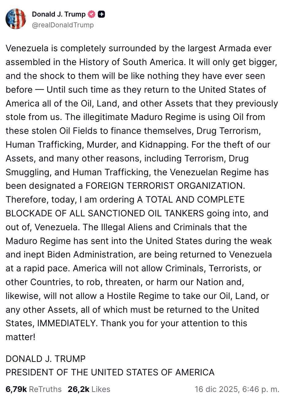 Trump's Social Truth about the Venezuela blockade.
