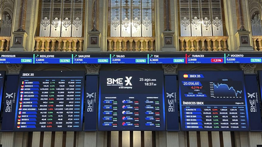 La Bolsa española bajó este martes un 0,21 % pero sostuvo los 20.000 puntos, en una jornada de retrocesos para el precio del petróleo, con el brent por debajo de 90 dólares por barril, y tras conocerse las medidas económicas con las que Estados Unidos sancionará a Irán. El principal índice del mercado nacional, el IBEX 35, perdió 42 puntos, ese 0,21 %, y cerró en los 20.056,6 enteros. En lo que va de año avanza el 15,88 % acumulado. EFE/ Altea Tejido Sánchez