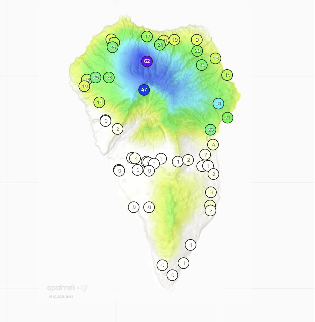 Mapa de la Aemet de la lluvia recogida en diversos puntos de La Palma hasta las 16.31 horas de este lunes, 5 de enero.