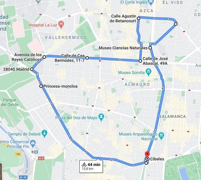 Recorrido de la bicifestación del 1 de abril en Madrid