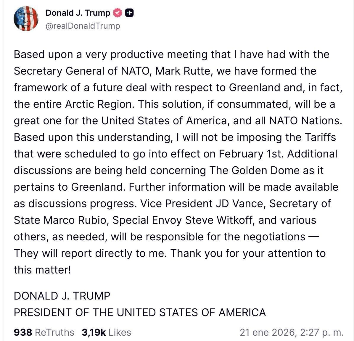 Truth Social de Trump sobre Groenlandia.