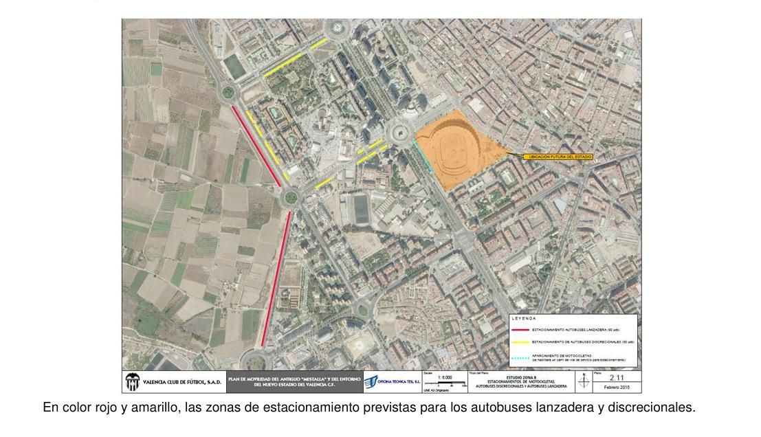 Plano de las zonas de estacionamiento de los buses lanzadera y discrecionales para dar servicio al nuevo estadio.