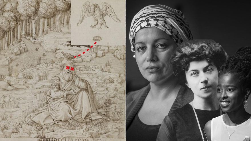 A la izquierda un águila suelta una tortuga sobre la cabeza de Esquilo y algunas de las referentes feministas que recuerdan Herstóricas: Houria Bouteldja, Aleksandra Kollontai y Amanda Gorman