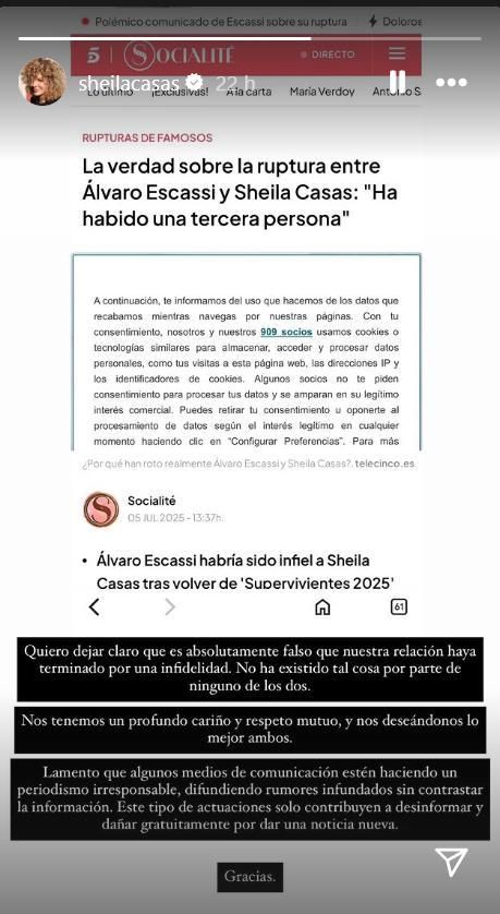 Mensaje de Sheila Casas en Instagram sobre las noticias de 'Socialité'
