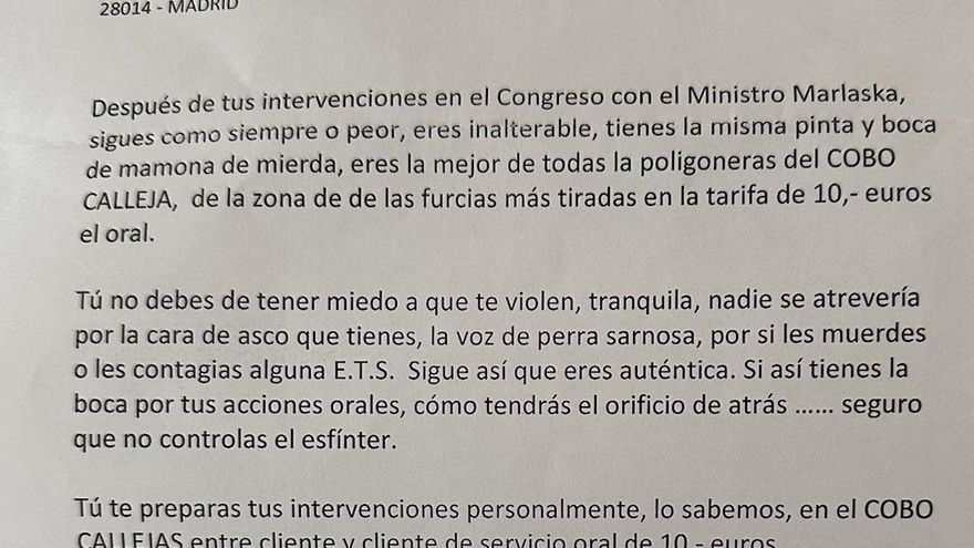 La diputada del PP Ana Belén Vázquez recibe una carta amenazante: "Tú no debes tener miedo a que te violen"
