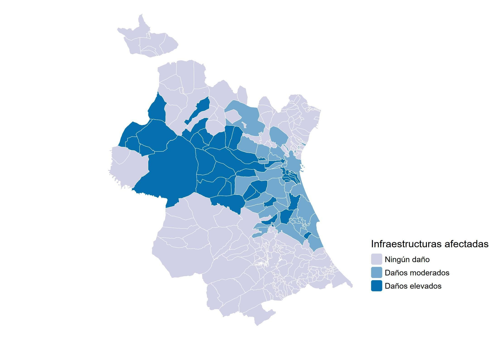 Gráfico 2. Niveles de daño de las infraestructuras en el nivel municipal en la provincia de Valencia. Elaboración propia a partir de datos de la web del Ministerio de Política Territorial y Memoria Democrática.