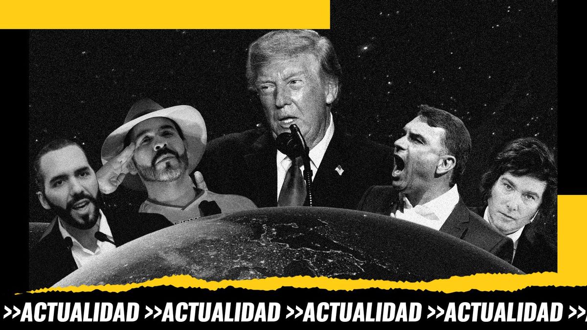 Montaje: dirigentes políticos de derechas sobre el planeta Tierra, de izquierda a derecha, Nayib Bukele, Abelardo de la Espriella, Donald Trump, Flavio Bolsonaro y Javier Milei