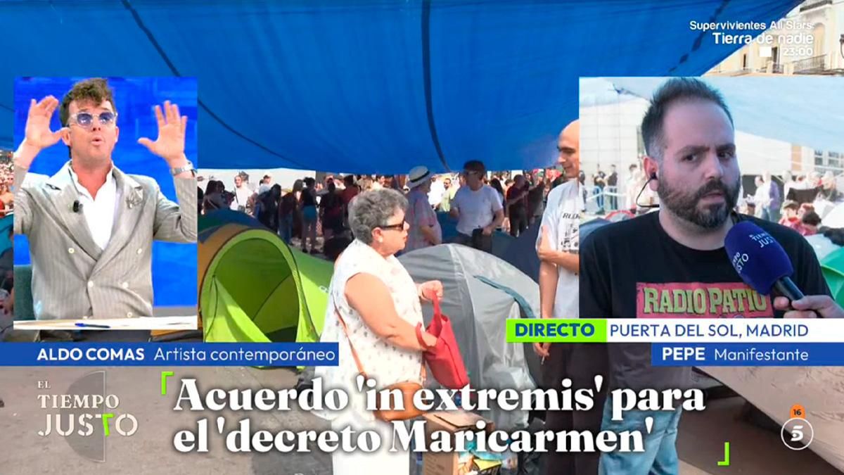 El colaborador de Telecinco Aldo Comas, a un manifestante de Sol: "Ahí no estáis creando el germen de nada más que el herpes"