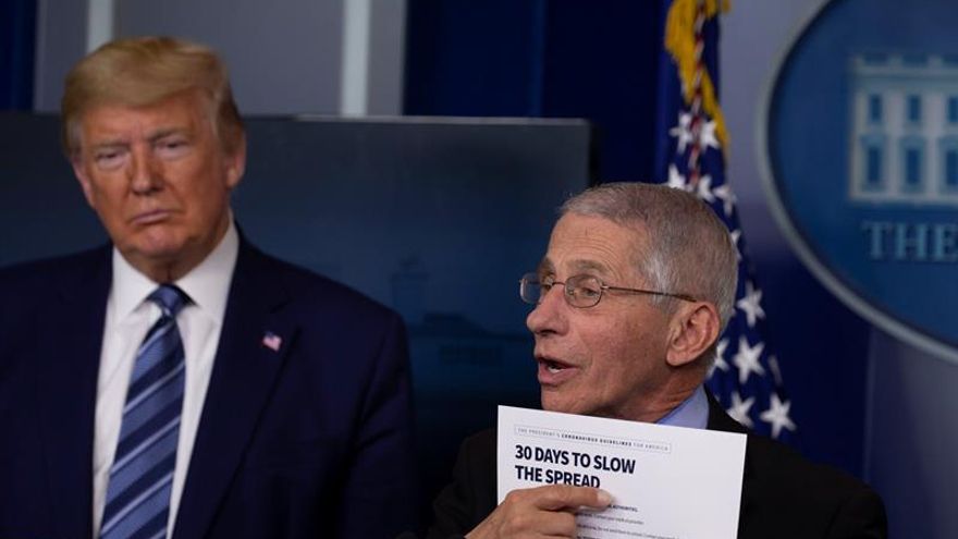 US President Donald Trump (L) listens Anthony Fauci (R), Director of the National Institute of Allergy and Infectious Diseases, speak during a coronavirus briefing at the White House in Washington, DC, USA, 05 April 2020.