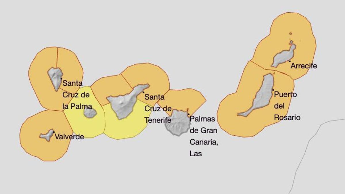 Mapa de la Aemer del aviso naranja (salvo en La Gomera y sur de Tenerife, que es amarillo) por fenómenos costeros de este lunes, 17 de marzo.
