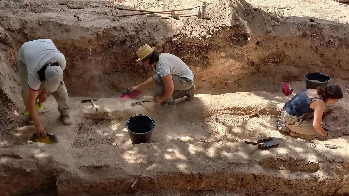 Trabajos en una de las fosas del cementerio de Osuna con restos de represaliados.