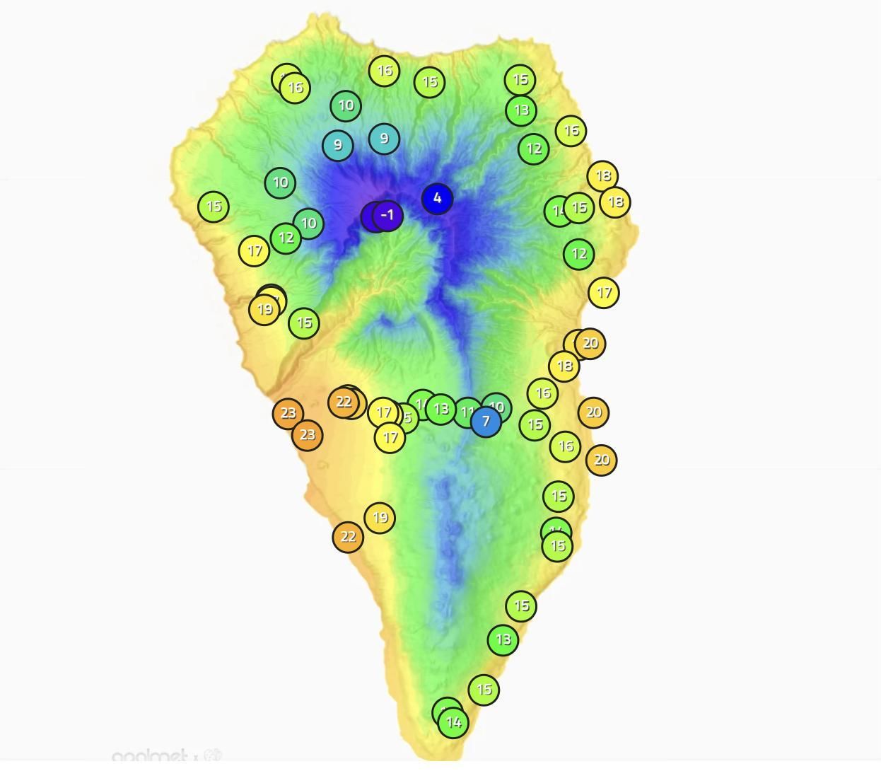 Mapa de Apalmet con las temperaturas que se registraban este sábado, 21 de diciembre, en diferentes zonas de La Palma.