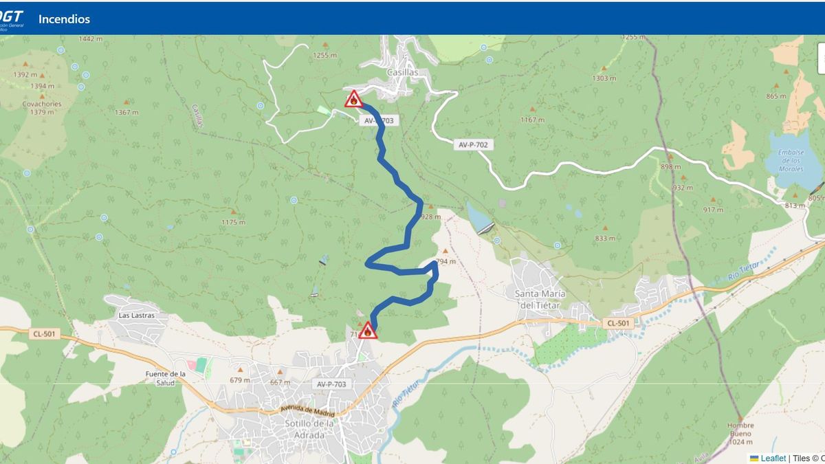 Indicencia por un incendio en el mapa de la DGT