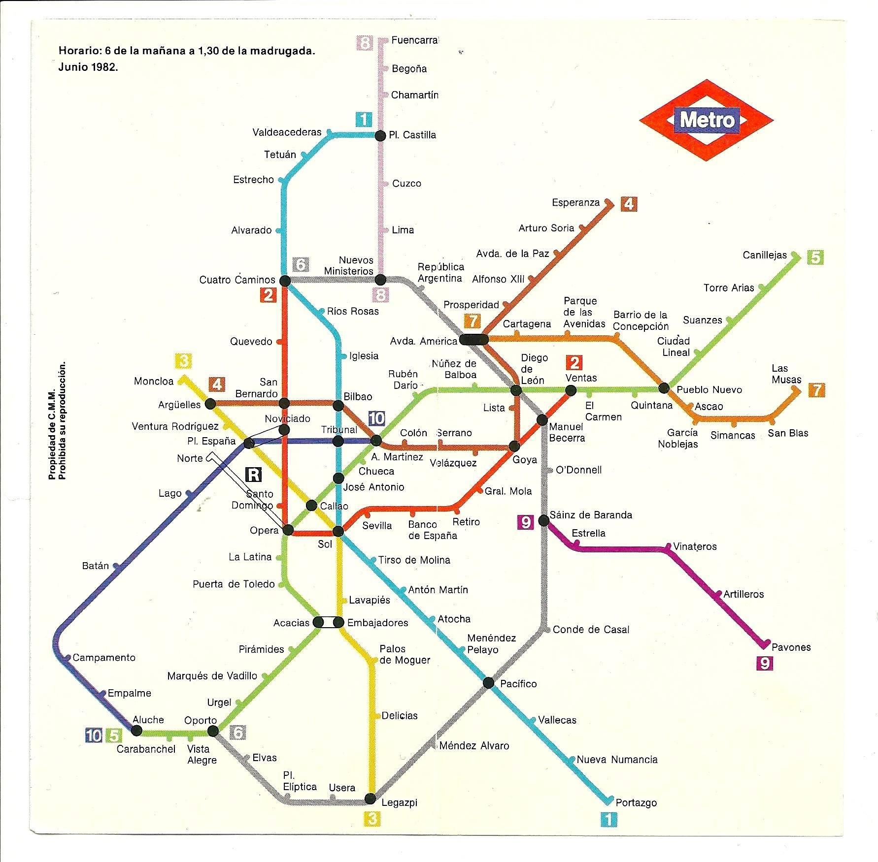Plano de Metro de Madrid en junio de 1982