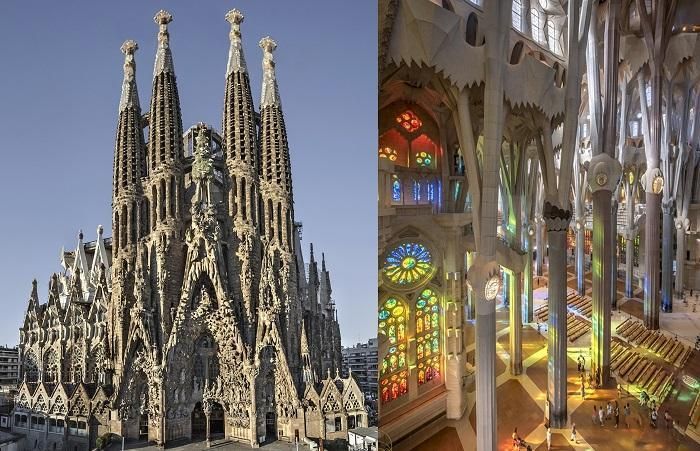 La Sagrada Familia desde la Portada de la Natividad y el interior de color que recuerda a la Catedral de León.