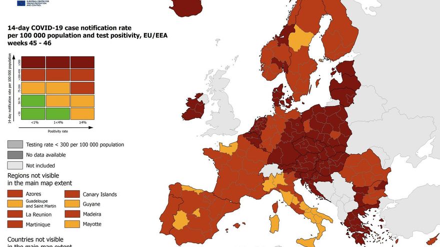 Mapa europeo de riesgo covid a 25 de noviembre pasado