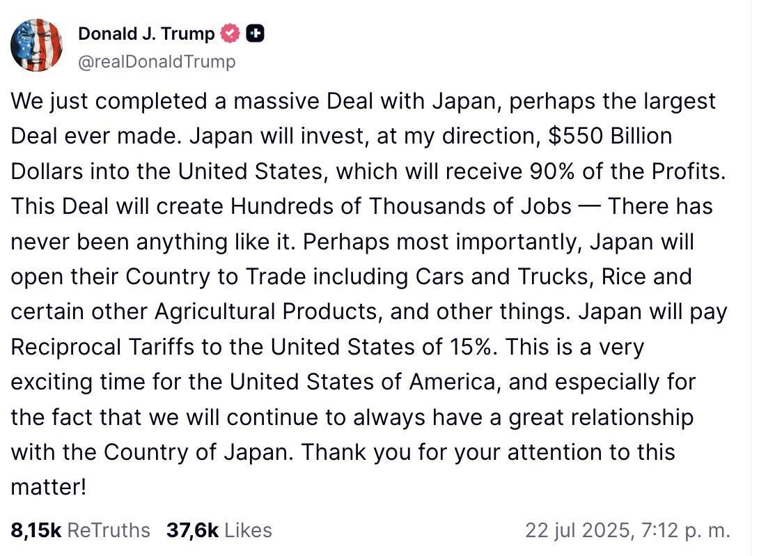 Truth Social de Trump con el acuerdo comercial con Japón.