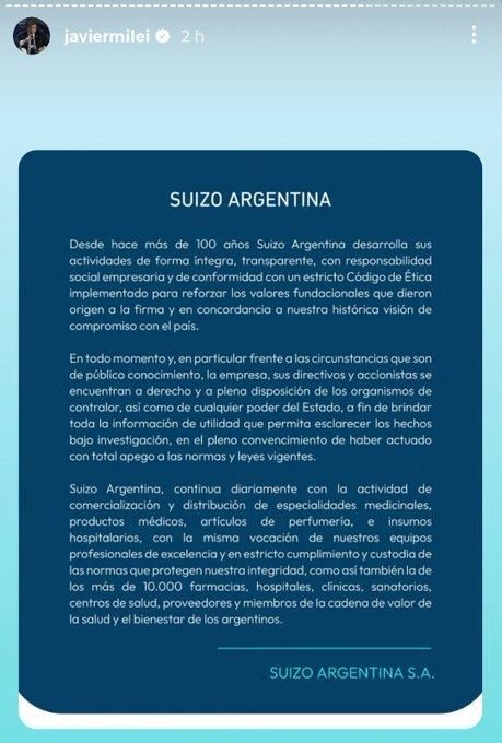 El reposteo de Javier Milei en Instagram al comunicado de Droguería Suizo Argentina.