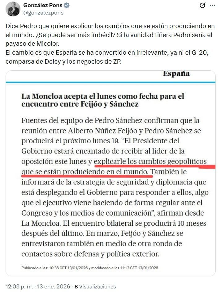 Imagen del tuit de González Pons en el que llama "imbécil" a Pedro Sánchez.