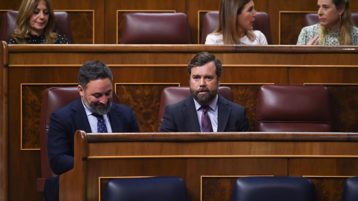 El líder de Vox, Santiago Abascal (i) y el portavoz de la formación en el Congreso, Iván Espinosa de los Monteros (d)