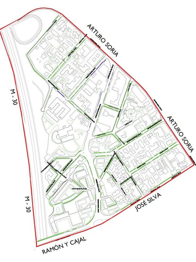 Distribución de plazas verdes y azules del SER en el barrio de Colina