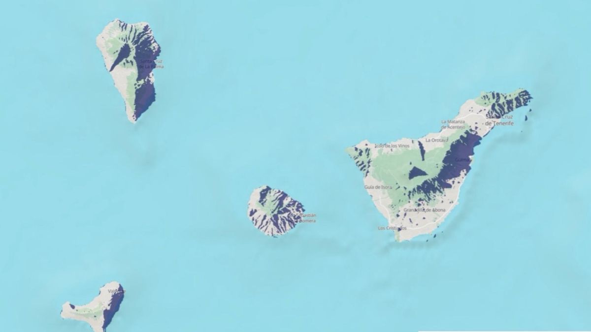 Figura 2. Sombras durante el momento del máximo. Las vertientes este de La Palma, El Hierro y zona este-central en Tenerife quedarán a la sombra. ShadeMap