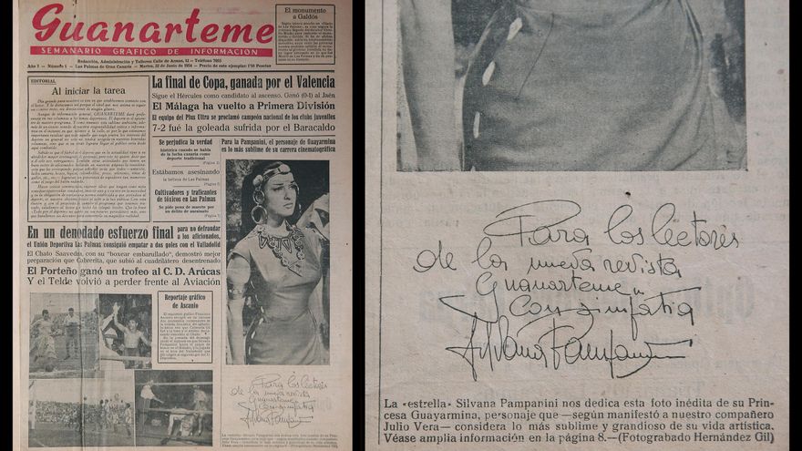 Portada del primer ejemplar del Guanarteme y dedicatoria de la actriz Silvana Pampanini.