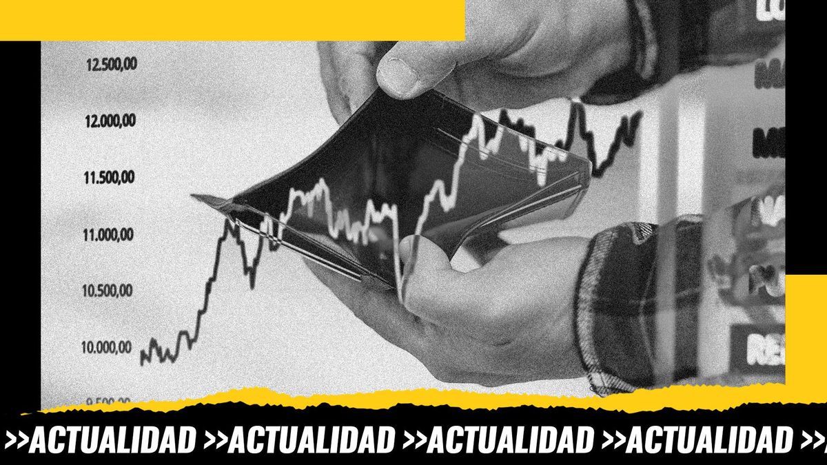 Montaje: gráfica del crecimiento del IBEX 35 sobre una persona con una persona con la cartera vacía