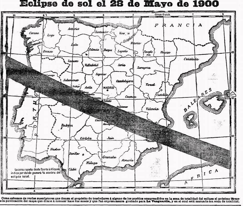 Mapa del recorrido del eclipse de 1900 publicado en La Vanguardia