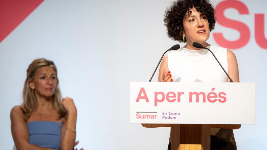 La número 1 de lista de Sumar en Barcelona, Aina Vidal, interviene en un acto del partido, en el auditorio San Ildefonso, a 25 de junio de 2023, en Cornellà de Llobregat, Barcelona, Catalunya (España). Este mitin de precampaña se produce de cara a la cele