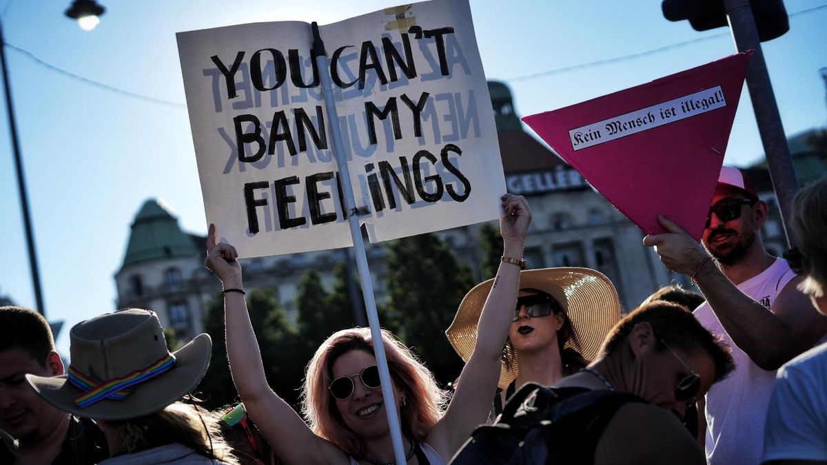 Una mujer con un cartel que reza en inglés "No puedes prohibir mis sentimientos".