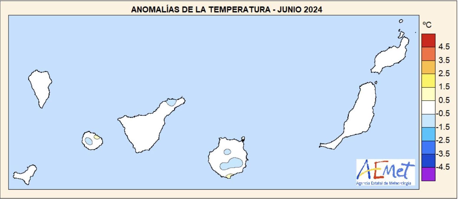Anomalías de la temperatura en Canarias en junio.