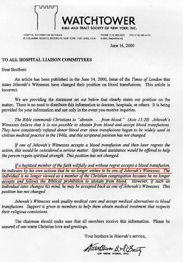 Circular interna de los Testigos de Jehová en la que se indica que cualquier miembro que reciba una transfusión quedará automáticamente 'desasociado'