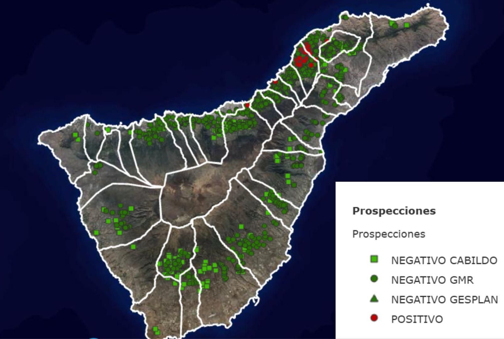 Mapa que refleja en tiempo real las zonas de actuación para el control y erradicación de la filoxera de la vid en Tenerife.