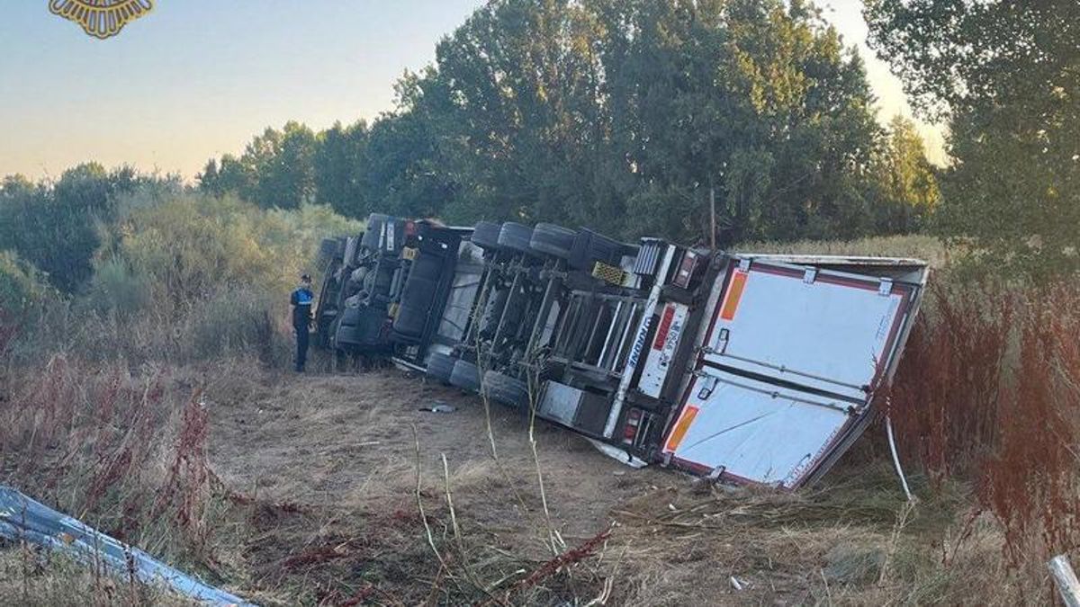Un camión vuelca a la altura del Punto Limpio de León.