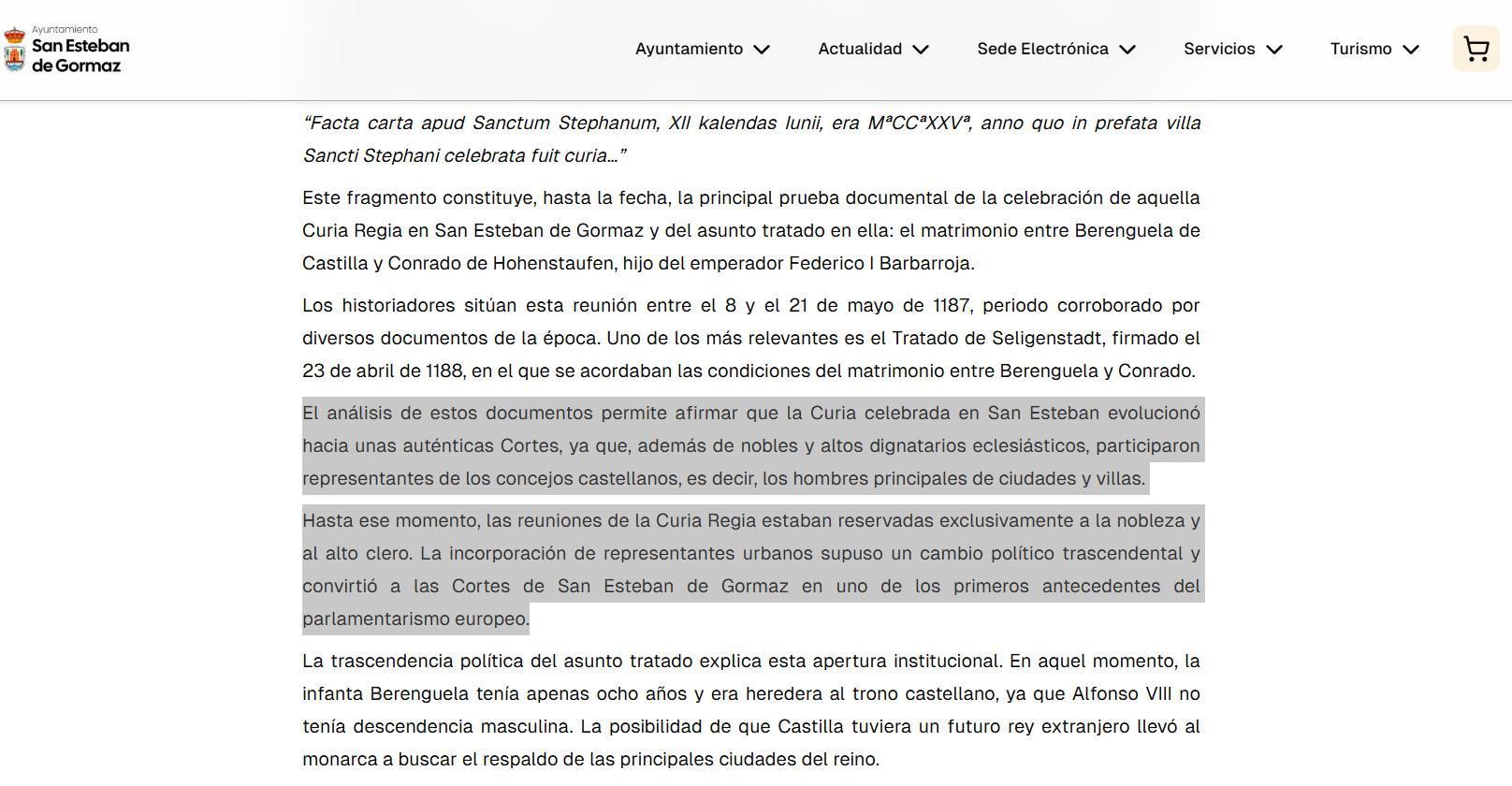 La web municipal asegurando que las 'Cortes' de San Esteban de Gormaz de 1187 son 'uno de los primeros antecedentes del parlamentarismo europeo', cuando fueron una curia regia sin voto ciudadano.