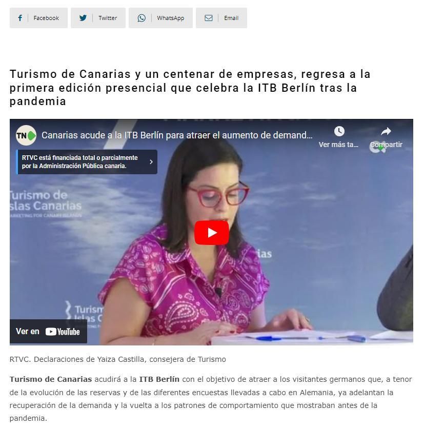 Noticia más viral sobre la participación de Canarias en la Feria ITB Berlín.