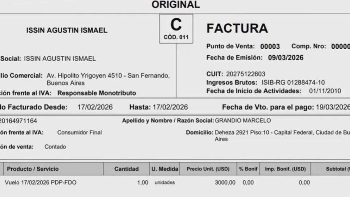 Cabezal de la factura emitida por Agustín Issin a Marcelo Grandio por el vuelo de regreso de Manuel Adorni el 17 de febrero de 2026. La factura fue fechada el 9 de marzo.