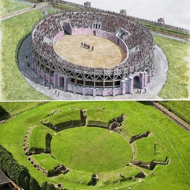 Así habría sido el anfiteatro castrense de Caerleon (Gales) y abajo los restos arqueológicos como se ven en la actualidad.