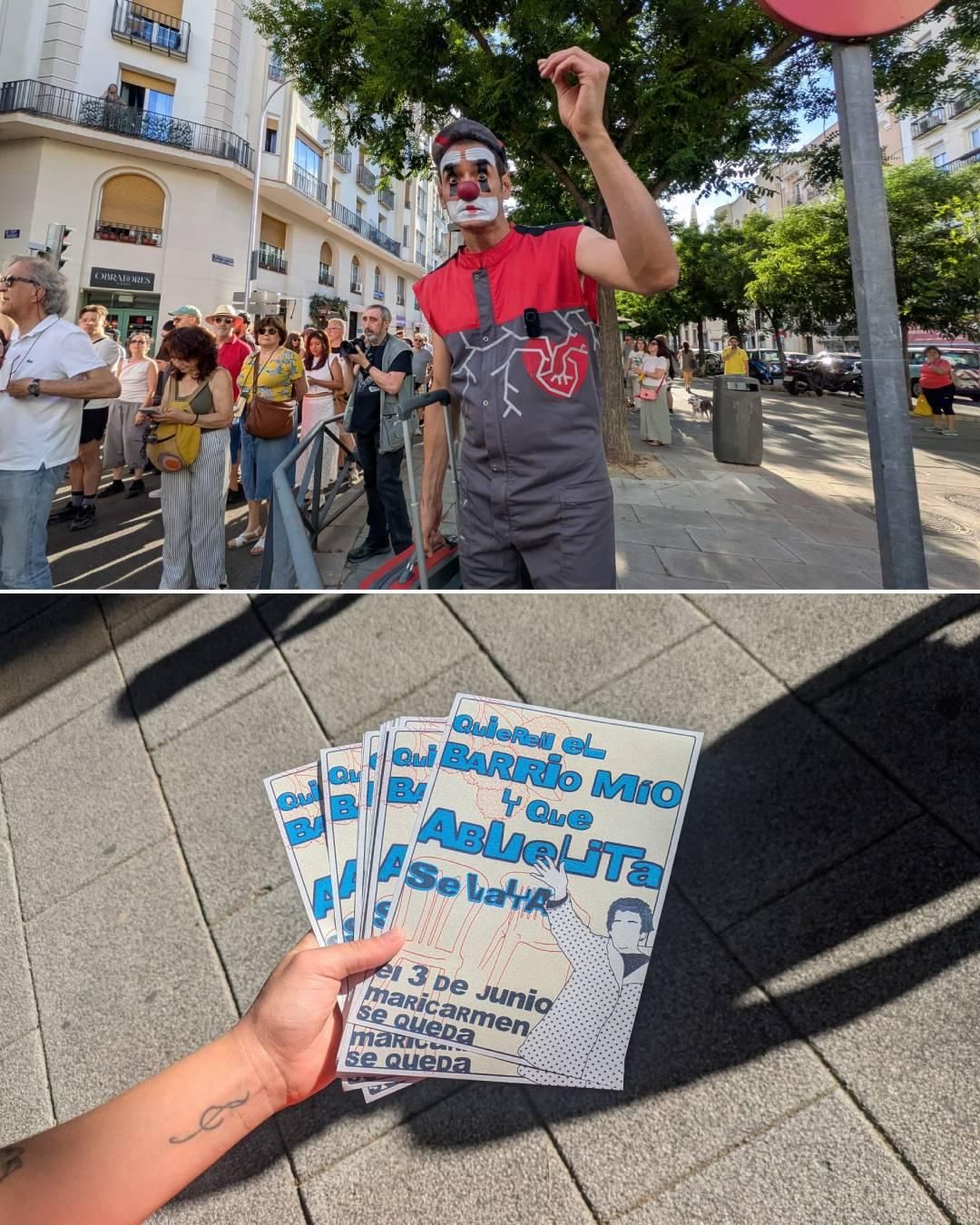 Arriba, un mimo durante la marcha por Maricarmen. Bajo él, un folleto que recrea una estrofa de Bad Bunny