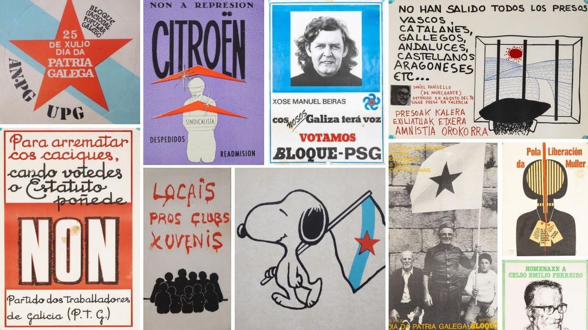 Algunos de los carteles y pegatinas del fondo Miguel Gutiérrez de propaganda política