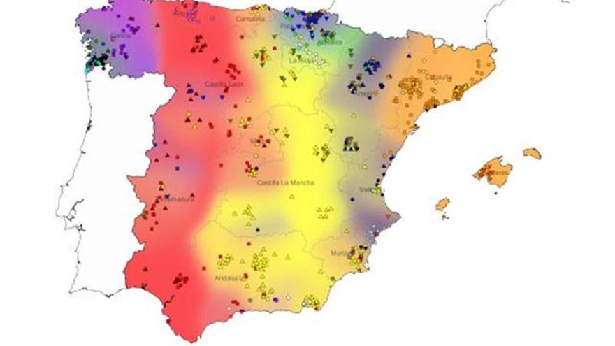 El estudio genético del poblamiento de Norte a Sur de España revela que las lenguas medievales (zona inferior) coinciden con las cinco zonas de población (y éstas casi con la expansión de los reinos cristianos medievales).