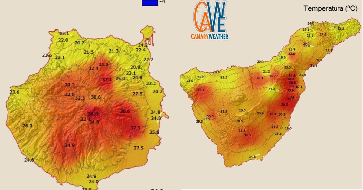 Mapa de elevadas temperaturas en Gran Canaria y Tenerife. (Canary Weather).