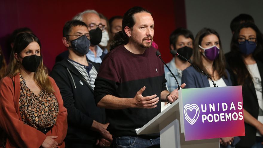 Archivo - El candidato de Unidas Podemos a la presidencia de la Comunidad de Madrid y secretario general de Podemos, Pablo Iglesias, durante una rueda de prensa tras las votaciones de la jornada electoral, a 4 de mayo de 2021, en Madrid (España).