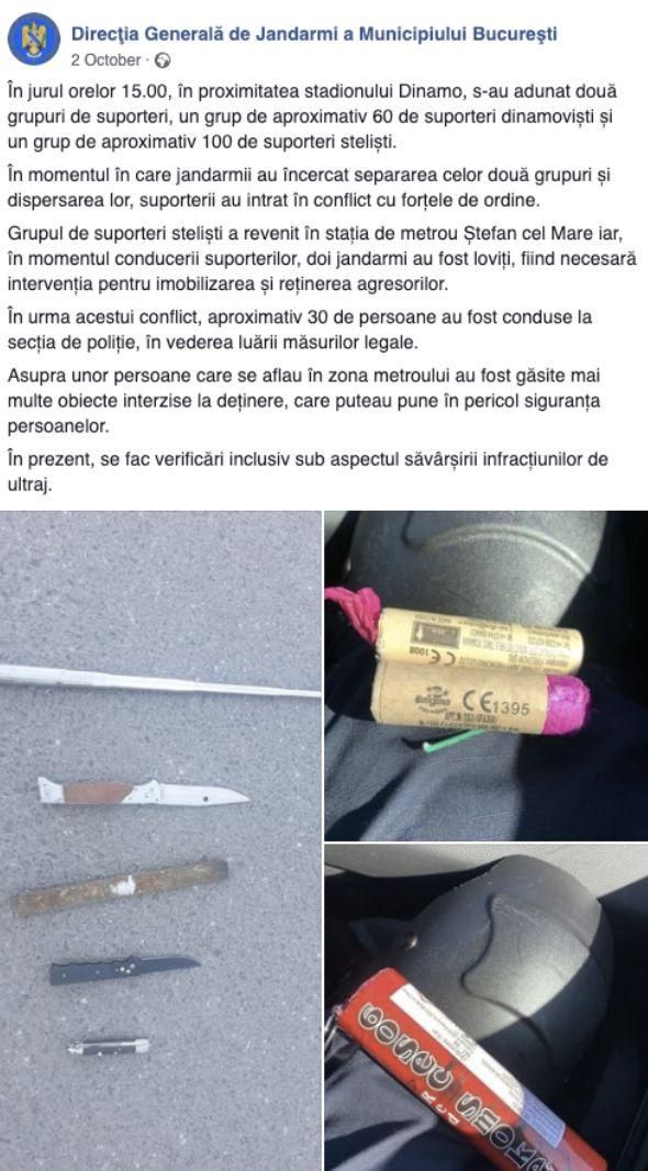 Comunicado en Facebook de la policía municipal de Bucarest.