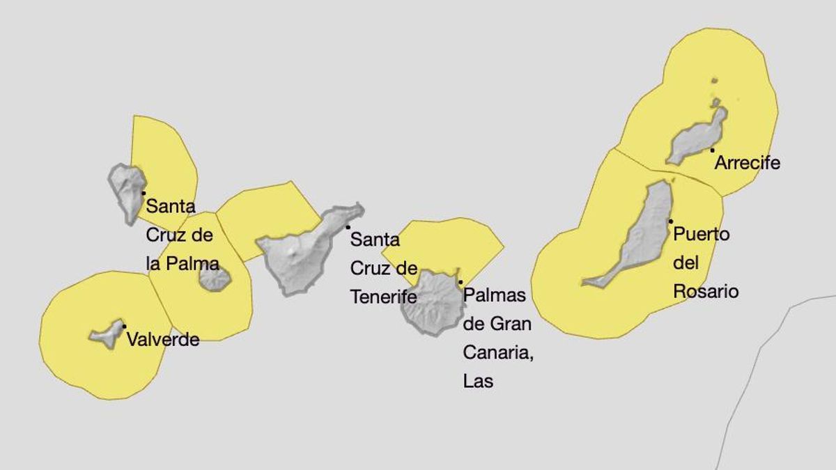 Mapa de la Aemet del aviso amarillo por fenómenos costeros para el jueves.