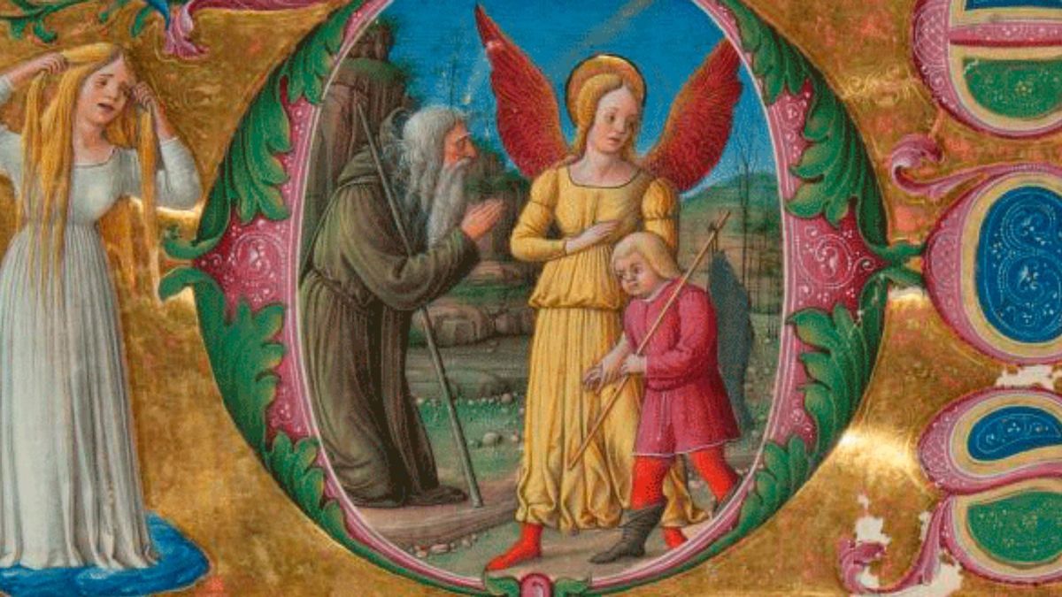 Ilustración del Opera Chemica (siglo XV), conservado en la Biblioteca Nacional Central de Florencia (BNCF), ms. Banco Rari 52. El beato Llull aparece en actitud de plegaria ante un ángel y un niño, mientras una mujer se arranca los cabellos junto a una fuente. Una escena cargada de simbolismo espiritual y alegórico, posiblemente vinculada al proceso de revelación interior.